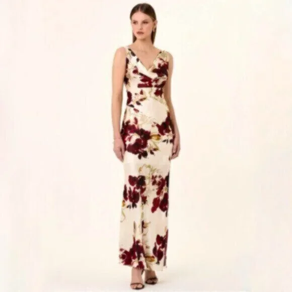 NWT NICHOLAS Sally Watercolor Floral Ivory Cowl Neck Side Slit Maxi Dress - Picture 17 of 17